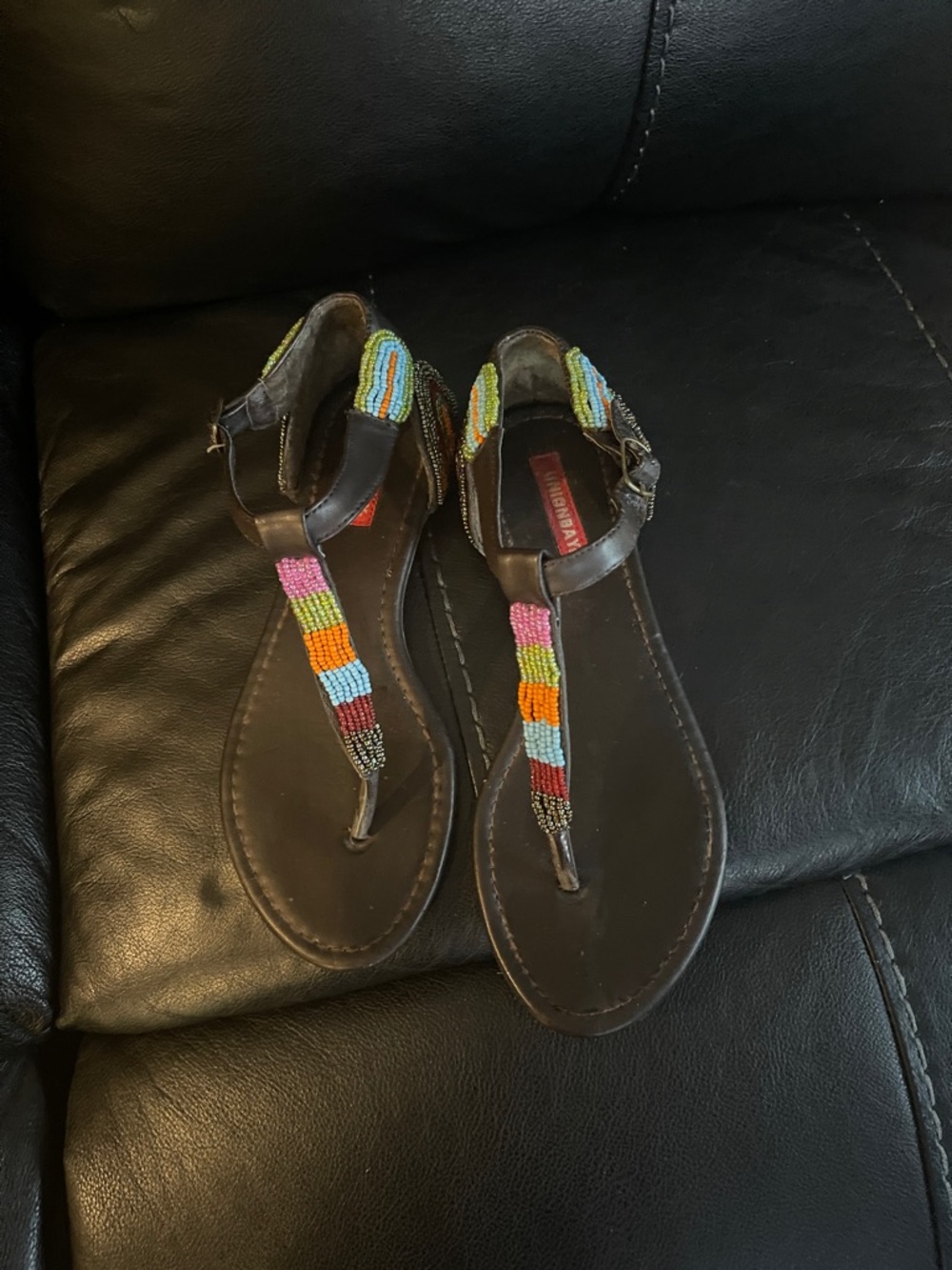 UNIONBAY Brown T-Strap Sandals with Multicolor Bead Detail